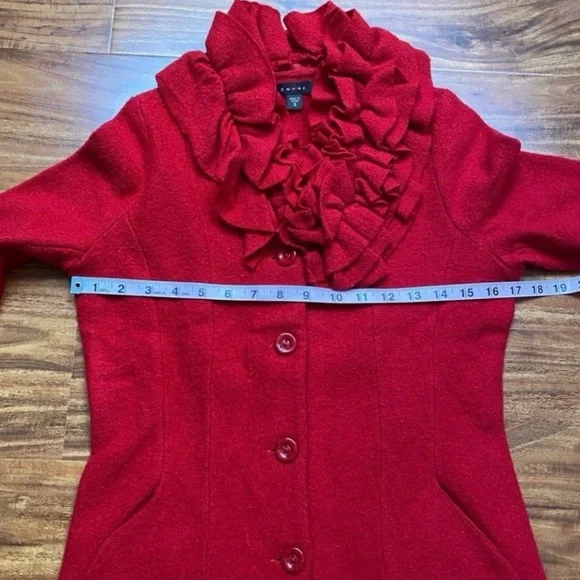 Fever Red Ruffle Collar Button Front 100% Wool Cardigan Sweater Size Small Retro - Picture 14 of 16